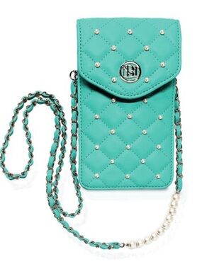 Badgley Mischka Quilted Teal Crossbody Phone Bag with Pearl Chain